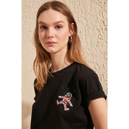 Trendyol Black Embroidered Semi-Fitted Knitted T-Shirt Trendyol S Factcool