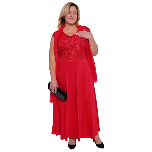 Długa czerwona suknia ozdobiona cekinami 56 promocja Modne Duże Rozmiary