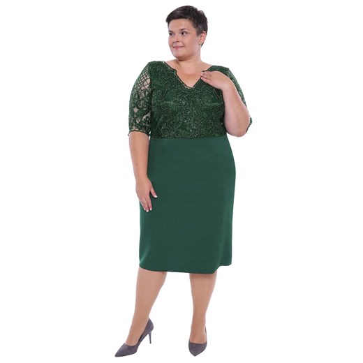 Dłuższa zielona sukienka połyskująca koronka 50 Modne Duże Rozmiary wyprzedaż