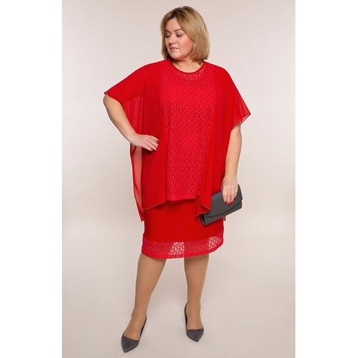 Czerwona szyfonowa sukienka z koronką 54 Modne Duże Rozmiary