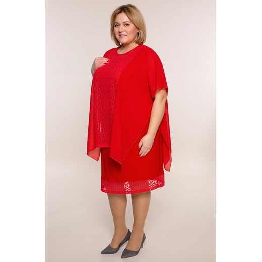 Czerwona szyfonowa sukienka z koronką 48 Modne Duże Rozmiary