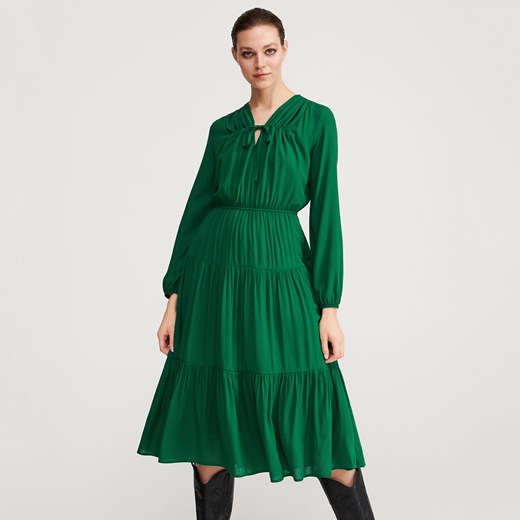 Reserved - Sukienka midi z falbanami - Zielony Reserved 42 promocyjna cena Reserved