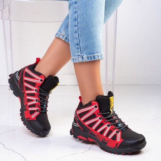 Czarne sportowe damskie buty trekkingowe z czerwoną wstawką Everest - Obuwie Royalfashion.pl 36 royalfashion.pl