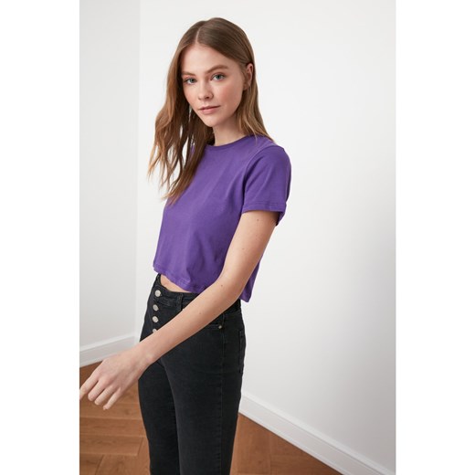 Trendyol Purple 100% Cotton Süprem Bicycle Collar Crop Knitted T-Shirt Trendyol XS Factcool
