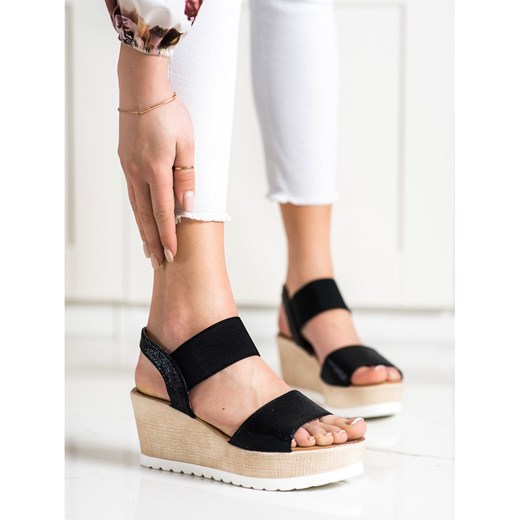 Czarne espadryle damskie Seastar ze skóry ekologicznej na koturnie bez zapięcia eleganckie