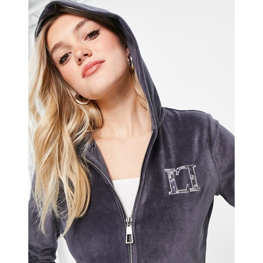 Lipsy – Grafitowa welurowa bluza z kapturem z ozdobnym motywem-Szary Lipsy 36 Asos Poland