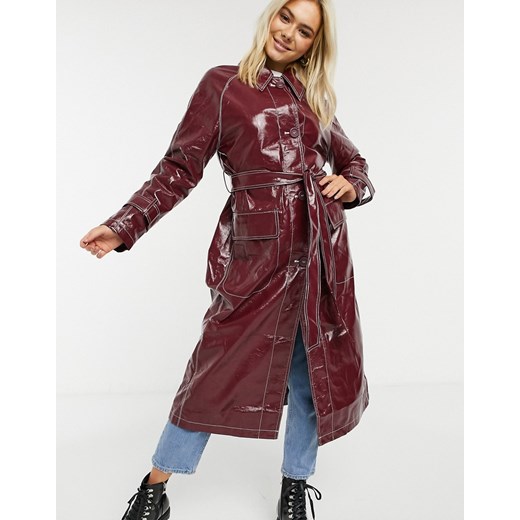 ASOS DESIGN – Czerwonobrunatny winylowy trencz z kontrastowymi szwami-Czerwony 38 Asos Poland