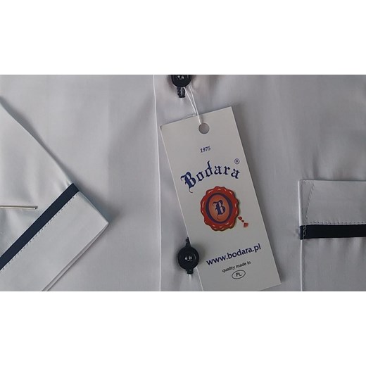 Koszula biała  z granatowymi wstawkami krótki rękaw Bodara 43 okazyjna cena ATELIER-ONLINE