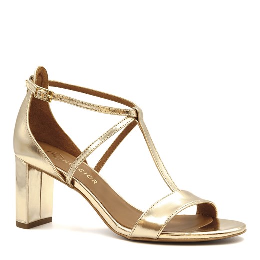 Złote skórzane sandały z paskami na niskim słupku 209D ze sklepu NESCIOR w kategorii Sandały damskie - zdjęcie 110292503