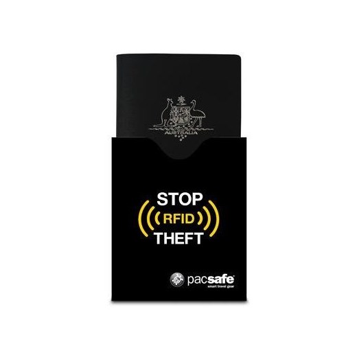 Etui na paszport chroniące przed nieautoryzowanym odczytem danych biometrycznych Pacsafe RFIDsleeve 50 Czarne Pacsafe promocyjna cena Bagażownia.pl
