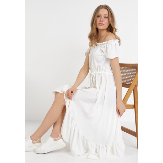 Sukienka biała Born2be midi asymetryczna z okrągłym dekoltem bez rękawów 