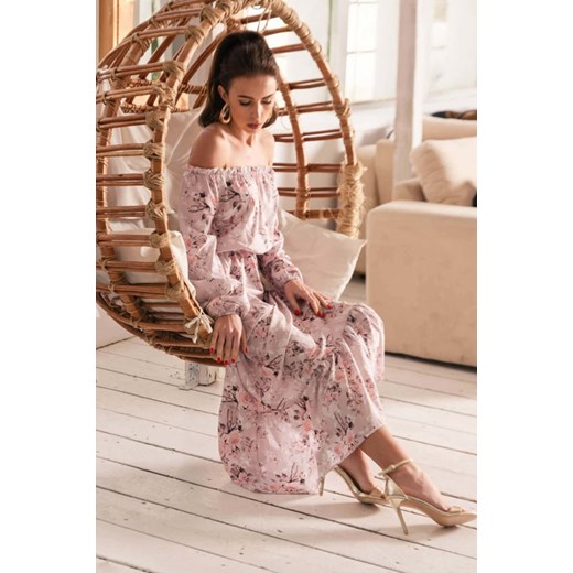 Jasnoróżowa damska maxi sukienka w kwiaty a'la hiszpanka - Odzież Royalfashion.pl L/XL - 41 royalfashion.pl