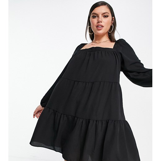 ASOS DESIGN Curve – Czarna kaskadowa trapezowa sukienka mini o luźnym kroju-Black 50 Asos Poland