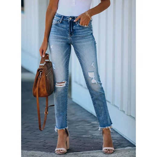 Długa nogawka luźne prosty krój jednolite bez wzoru przetarcia wysoki stan jeans casual niebieski spodnie (S) Sandbella 2XL sandbella