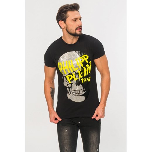 Philipp Plein - czarny t-shirt męski z aplikacją czaszki i żółtym logo L outfit.pl