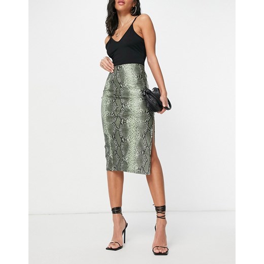 I Saw It First – Zielona spódnica midi z imitacji skóry węża, z rozcięciem z przodu-Zielony I Saw It First 44 Asos Poland
