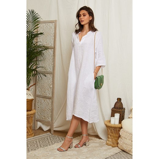 Sukienka biała Lin Passion z długim rękawem oversize casualowa z lnu 