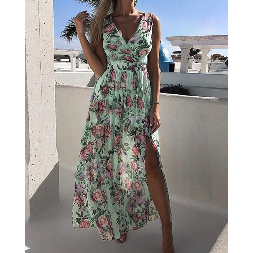 Długa do ziemi maxi dekolt V odkryte ramiona luźna wzór kwiaty rozcięcie lato casual na plażę suknia zielony sukienka Kendallme S Kendallme