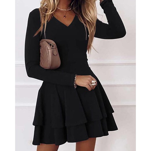 Długi rękaw dekolt V jednolita falbany lato obcisła casual mini przed kolano czarny sukienka Kendallme 2XL Kendallme