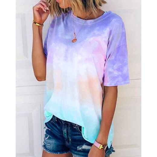 Krótki rękaw dekolt prosty casual ombre pastele tie dye tshirt koszulka na co dzień top fioletowy bluzka Kendallme S Kendallme