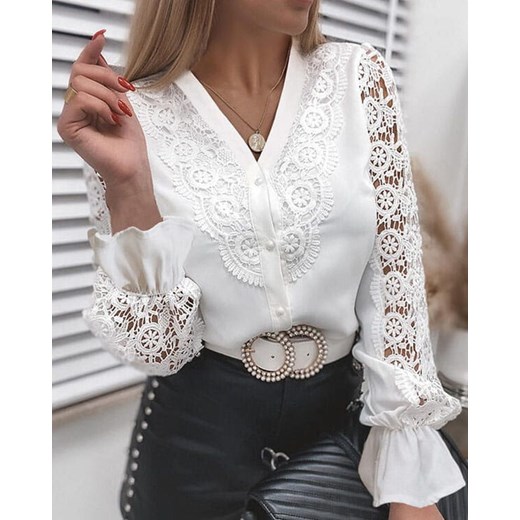 Długi rękaw klosz koronka obszycie dekolt V guziki rozpinana elegancka koszula bluzka Kendallme XL Kendallme