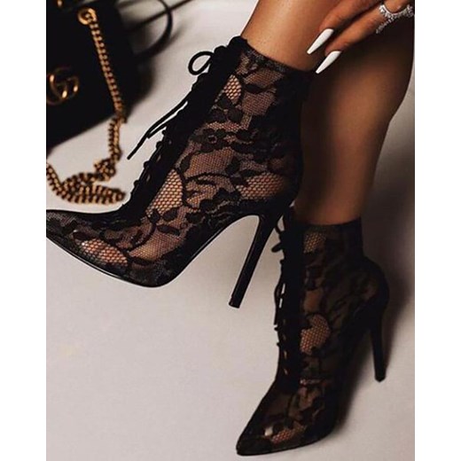 Duży wysoki obcas szpic przeźroczyste koronka modne wiązanie eleganckie damskie buty sandały czarny szpilki Kendallme EU 36 Kendallme