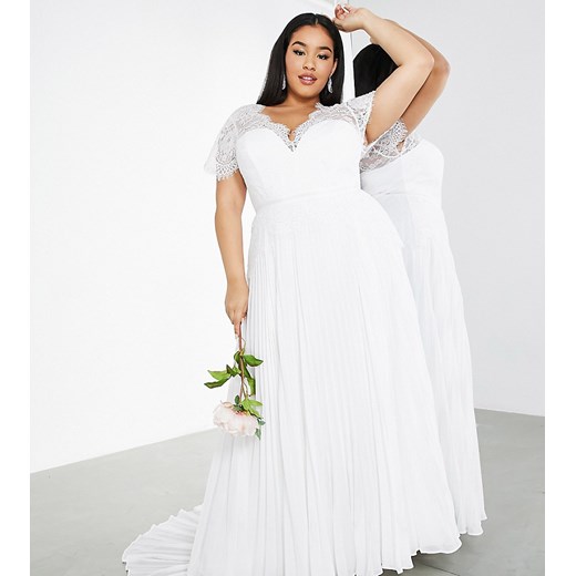 ASOS EDITION Curve – Sophia – Koronkowa suknia ślubna z głębokim dekoltem i plisowaną spódnicą-Biały 46 Asos Poland