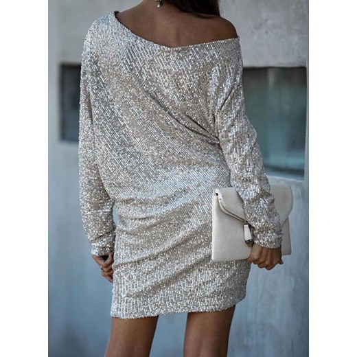 Cekinowa sukienka mini z asymetrycznym dekoltem srebrny (S) Sandbella XL sandbella