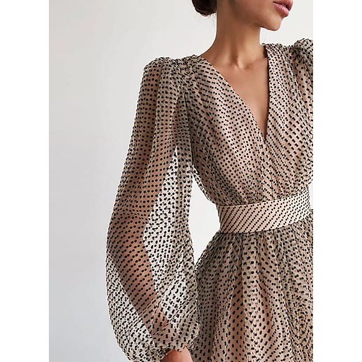 Wielokolorowa sukienka Sandbella z długim rękawem na urodziny z dekoltem w literę v trapezowa 