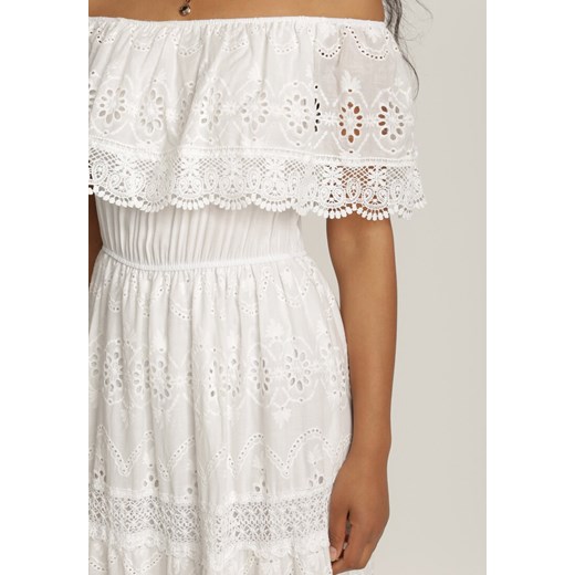 Sukienka biała Renee z dekoltem typu hiszpanka z krótkim rękawem 