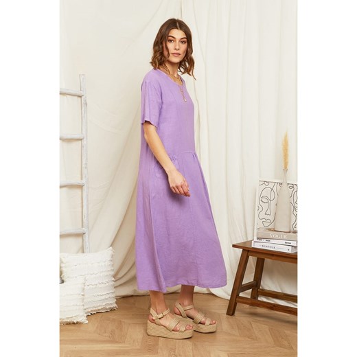 Sukienka Rodier Lin maxi fioletowa dla puszystych z długim rękawem 