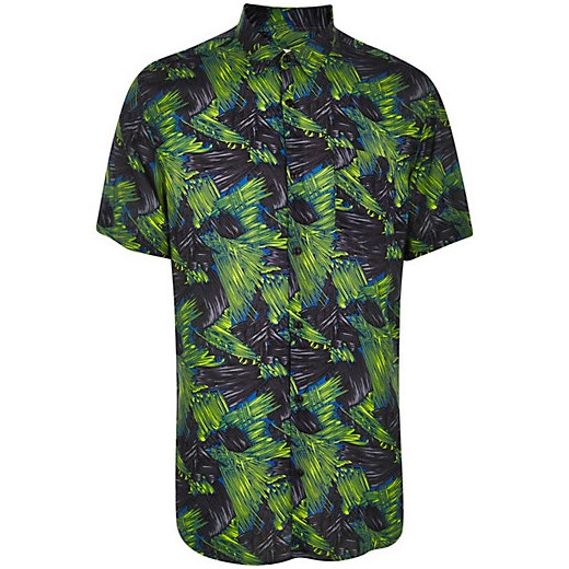Black abstract linear print shirt river-island zielony nadruki
