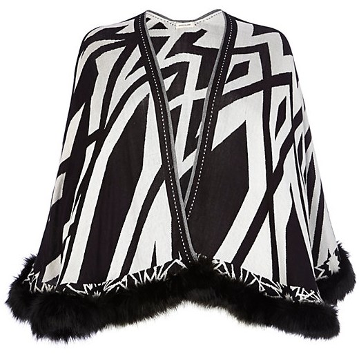 Black geometric print faux fur trim cape river-island czarny nadruki
