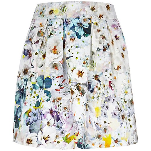 Grey floral print pleated mini skirt river-island bialy kwiatowy