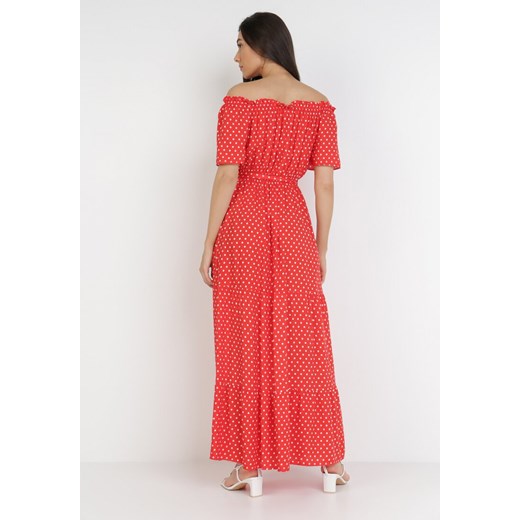 Sukienka Born2be czerwona trapezowa maxi w stylu boho tkaninowa na spacer 