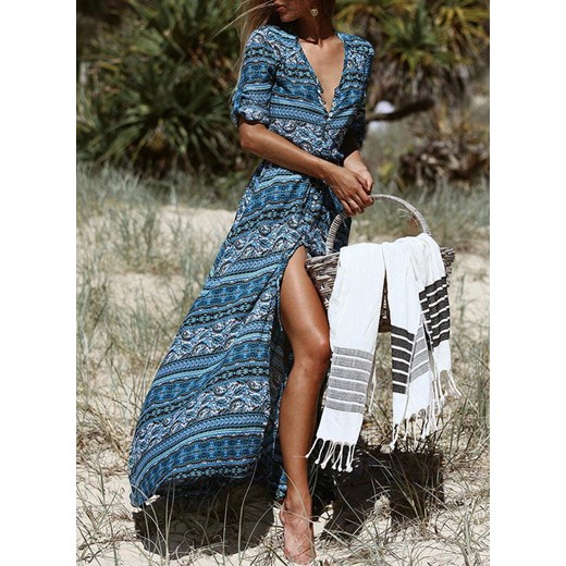 Maxi do ziemi długa dekolt V 3/4 rękaw wzór etniczny boho rozcięcie noga na plażę lato suknia niebieski sukienka Cikelly (S) Cikelly S Cikelly