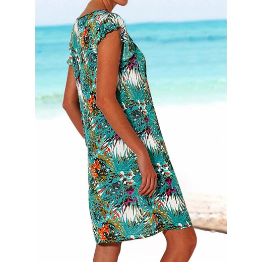 Mini przed kolano dekolt V prosty kwiaty liść wzór krótki rękaw na plażę luźna casual lato suknia niebieski sukienka Cikelly (S) Cikelly 2XL Cikelly