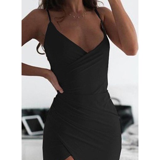 Mini przed kolano dekolt V odkryte ramiona kobieca bez wzoru jednolita impreza rozcięcie suknia czarny sukienka Cikelly (S) Cikelly 2XL Cikelly