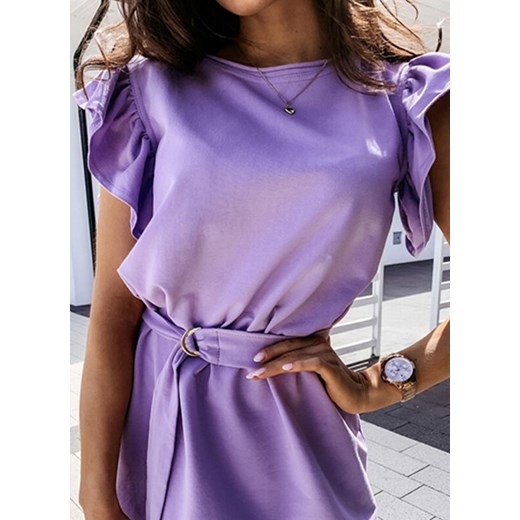 Sukienka Cikelly fioletowa z krótkimi rękawami z okrągłym dekoltem mini 