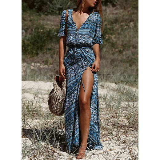 Maxi do ziemi długa dekolt V 3/4 rękaw wzór etniczny boho rozcięcie noga na plażę lato suknia niebieski sukienka Cikelly (S) Cikelly XL Cikelly