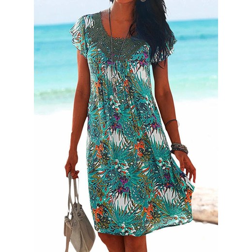 Mini przed kolano dekolt V prosty kwiaty liść wzór krótki rękaw na plażę luźna casual lato suknia niebieski sukienka Cikelly (S) Cikelly M Cikelly