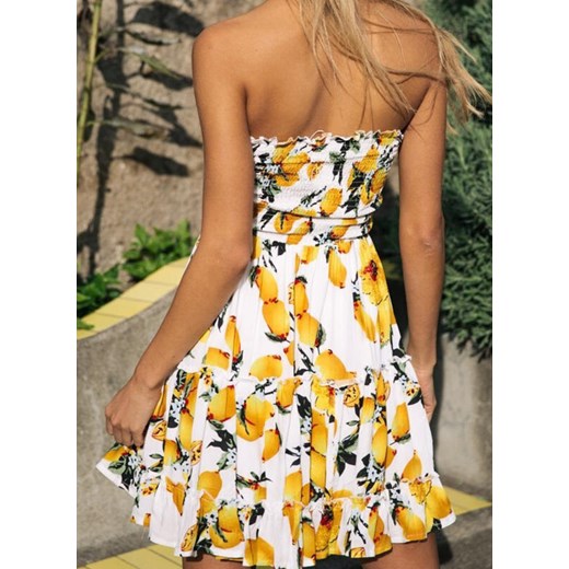 Mini do kolan dekolt prosty tuba luźna wzór grafika kwiaty casual lato lekka suknia żółty sukienka Cikelly (S) Cikelly XL Cikelly