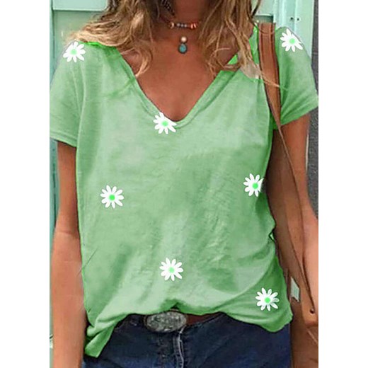 Krótki rękaw dekolt V wzór grafika na co dzień luźna kwiaty koszulka tshirt top zielony bluzka Cikelly (S) Cikelly XL Cikelly