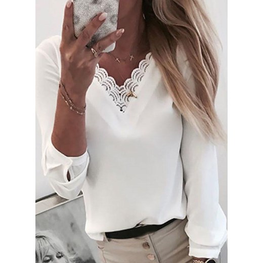 Długi rękaw dekolt V luźna boho koronka basic na co dzień lato casual cienka Leta biały bluzka Cikelly (S) Cikelly 2XL Cikelly