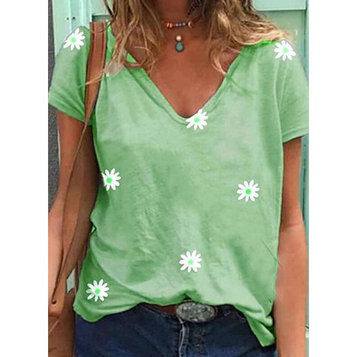 Krótki rękaw dekolt V wzór grafika na co dzień luźna kwiaty koszulka tshirt top zielony bluzka Cikelly (S) Cikelly M Cikelly