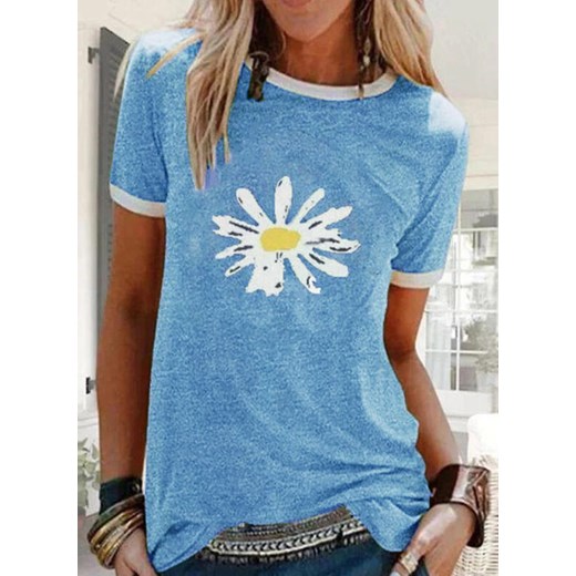 Krótki rękaw dekolt prosty casual grafika kwiaty tshirt koszulka na co dzień top niebieski bluzka Cikelly (S) Cikelly L Cikelly