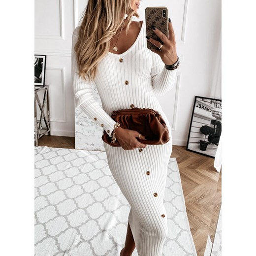 Długa maxi do ziemi długi rękaw dekolt V obcisła guziki elegancka jodełka suknia biały sukienka Cikelly (S) Cikelly 3XL Cikelly