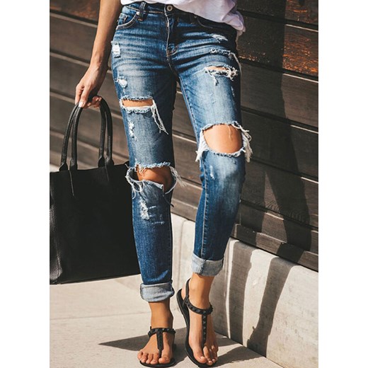 Długa nogawka obcisłe wysoki stan jednolite przetarcia bez wzoru typ boyfriend jeans casual niebieski spodnie Cikelly (S) Cikelly S Cikelly