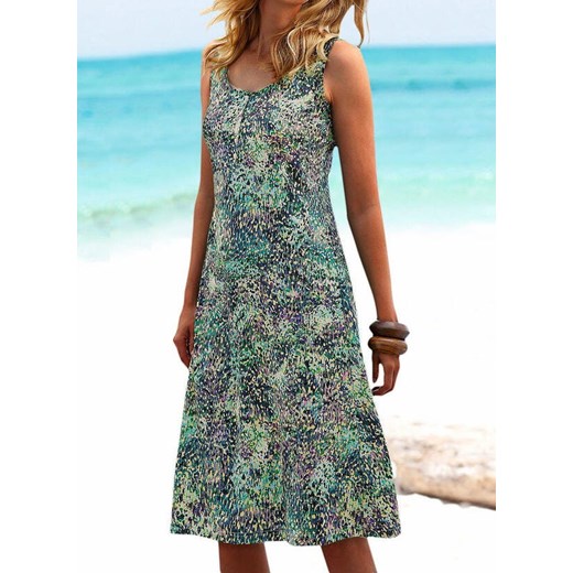 Midi za kolano dekolt okrągły ramiączka wzór kwiaty luźna na plażę lato suknia zielony sukienka Cikelly (S) Cikelly L Cikelly