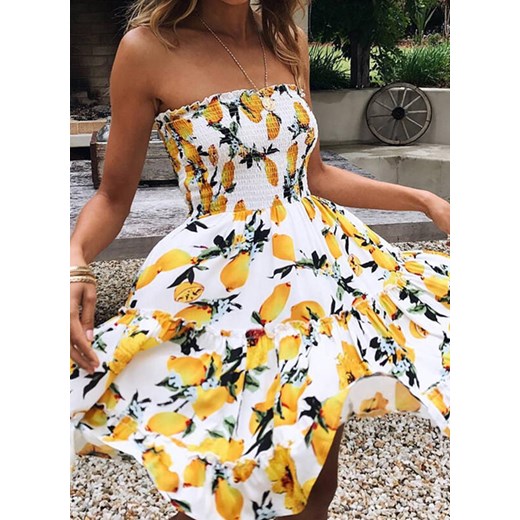 Mini do kolan dekolt prosty tuba luźna wzór grafika kwiaty casual lato lekka suknia żółty sukienka Cikelly (S) Cikelly M Cikelly